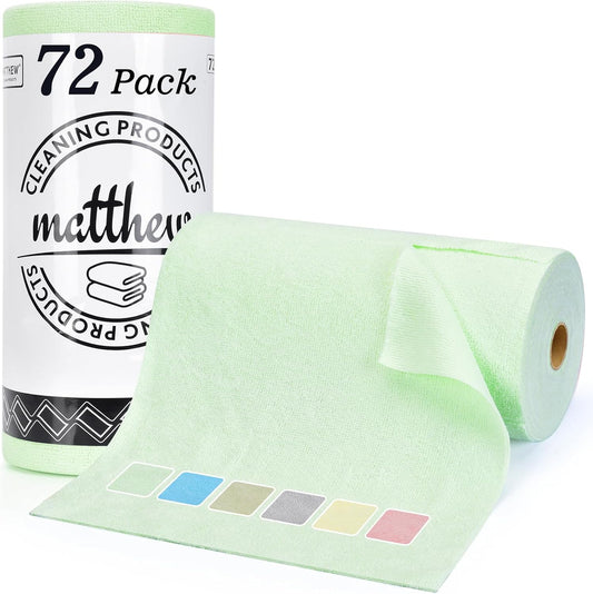 Matthew Microfiber Cleaning Cloth Roll 72Pack (12" x 12") Reusable Paper Towels&Washable Tear Away Towels,Ultra Water Absorbent Lint&Streak Free Cleaning Rags for Glass,Dishwash,Bathroom,Cars-Green
