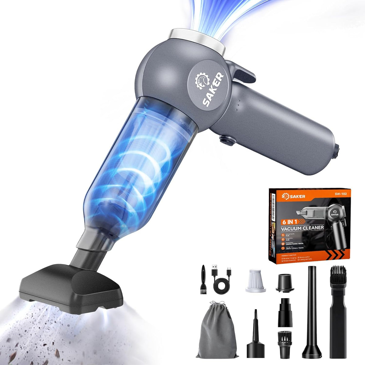 Saker 6 in 1 Car Vacuum Cleaner, 20000PA Handheld Vacuum Cordless Rechargeable 7800mAH with Type-C Reverse Charging, Window Breaker and Seatbelt Cutter for Car,Office and Home Cleaning,SW102 Blue Gray
