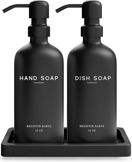 Black Glass Hand and Dish Soap Dispenser Set by Brighter Barns - Kitchen Soap Dispenser Set with Tray for Home, Airbnb, Vacation Rental, Gift - Minimalist Home Decor, Modern Kitchen Decor (Black)