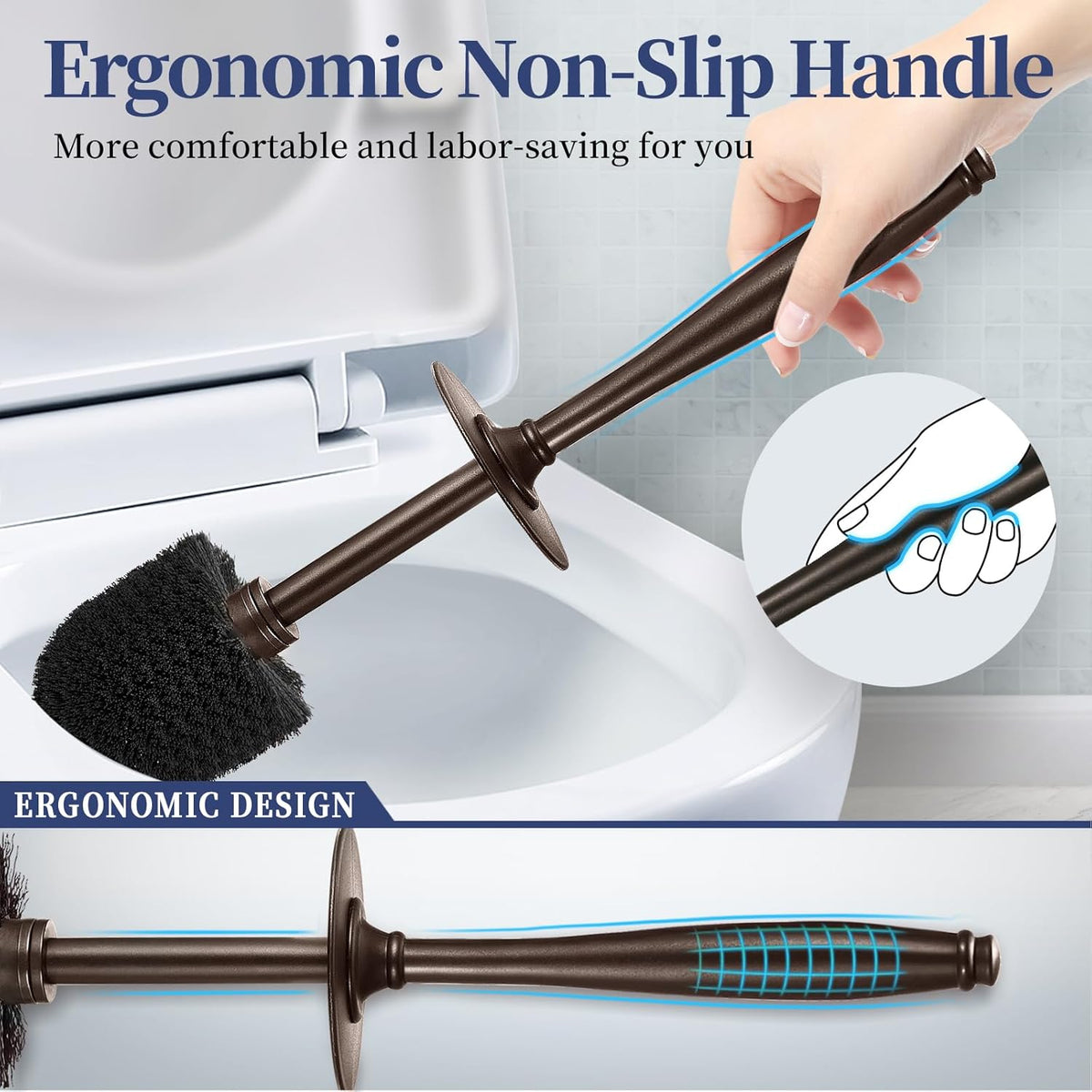 HAMITOR Toilet Bowl Brush Holder Set: 2 Pack Modern Deep Cleaning Bathroom Toilet Scrubber with Caddy for rv - Rim Decorative Accessories Cleaner Brushes for Toilet - Bronze1