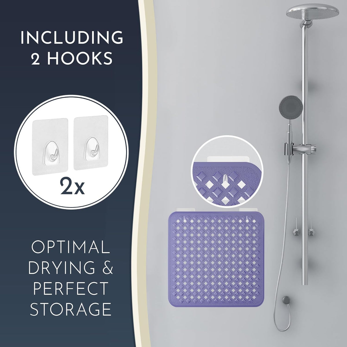 Homerella Anti Slip Shower Mat | Anti Mold Non Slip Bathtub Mat for Inside Shower | Square Floor Shower Mat 21 x 21 inch with Suction Cups for Grip & Hooks Hanging and Quick Drying | Machine Washable