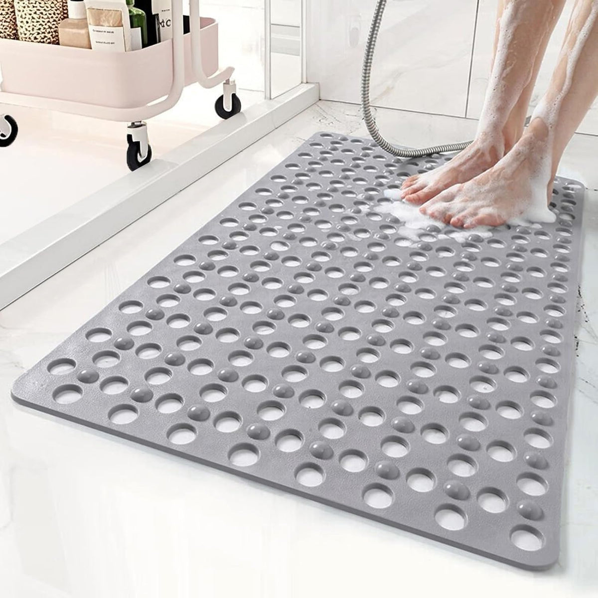 Non Slip Bathtub Mat and Shower Mat 31x17 inch,Bath Mat with Quick Dry Drain Holes and Suction Cups, Soft Comfortable Safe Bathroom Mat for Bath Tub, Floor, Tile (Grey)