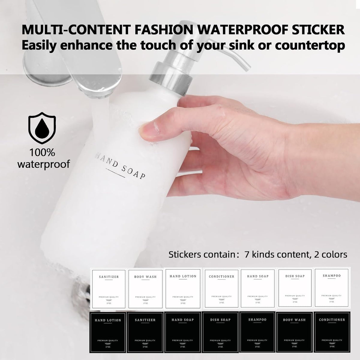 Thick Glass Soap Dispenser - Kitchen Dish Hand Soap Dispenser Set, Rustproof Pump Soap Lotion Dispenser Bathroom with Tray,14 Stickers for Kitchen Decor White Bottle/Silver Pump