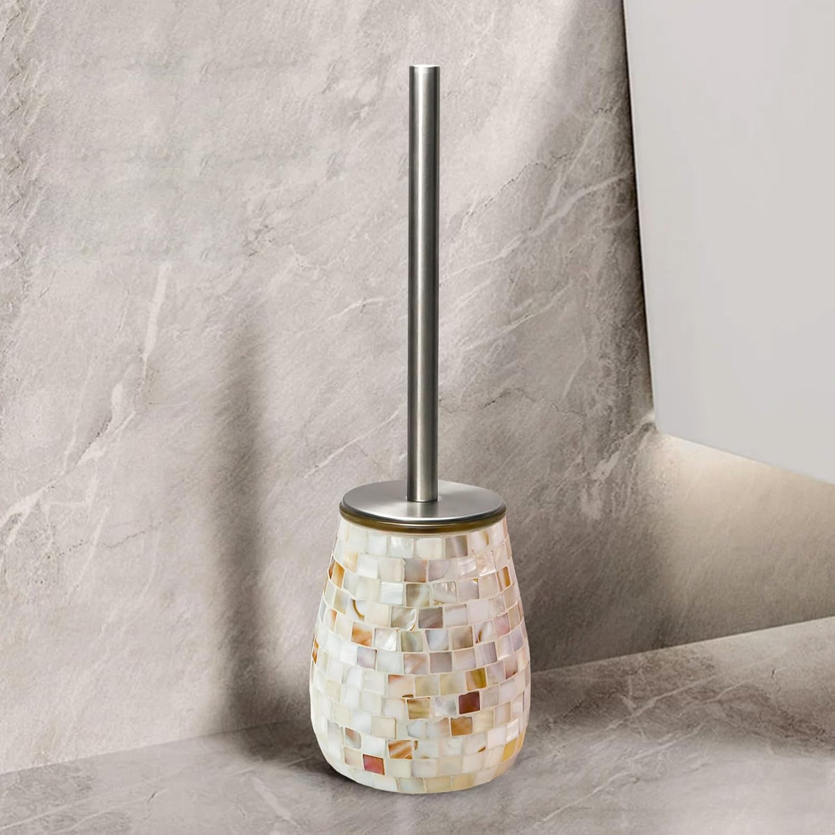 WDHODEC Natural Shell Toilet Brush and Holder Set Mosaic Glass, Stainless Steel Toilet Scrubber Brush, Decorative Toilet Bowl Brush and Holder, Luxury Bathroom Accessories