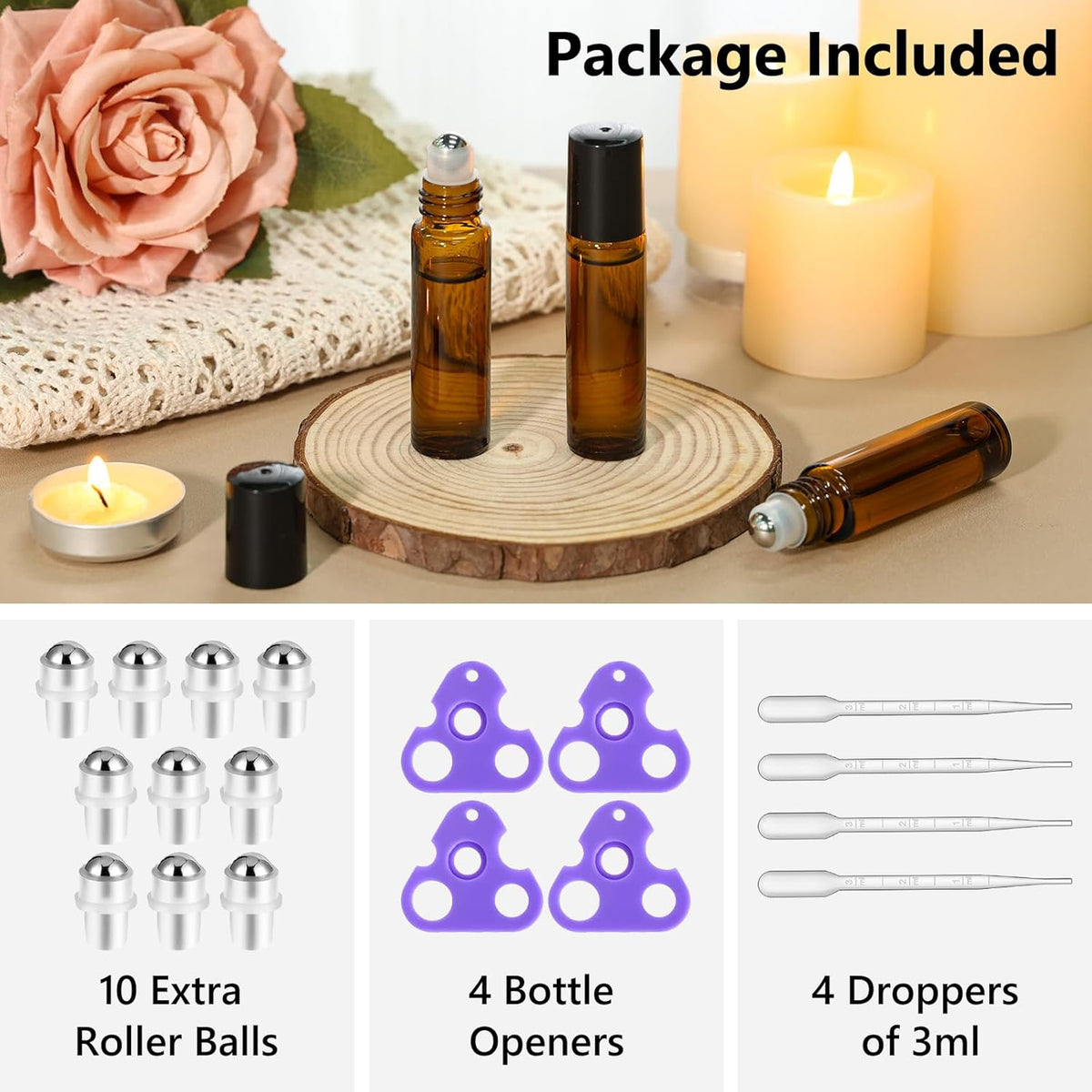 KEYWING 54 Pack Empty Essential Oil Roller Bottles – 10ml Amber Glass Roll-On Bottles with Stainless Steel Roller Balls & Caps, Refillable Perfume Containers for DIY & Travel