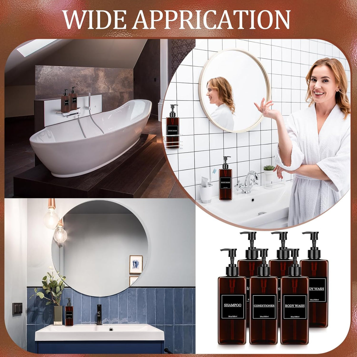 Tanlade 6 Pcs Shampoo and Conditioner Dispenser Bottles 16oz Modern Shower Soap Bottles with Pump, Labels and Marker Pen Easy to Refill Body Wash Dispensers for Home Bathroom Decoration(Brown)