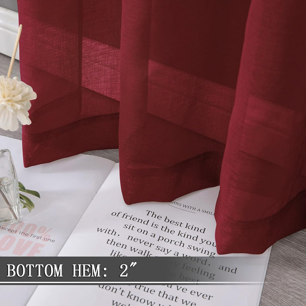 Tollpiz Sheer Curtains Bedroom Linen Textured Curtain Sheers Light Filtering Voile Rod Pocket Curtains for Living Room, 38 x 84 inches Long, Burgundy Red, Set of 2 Panels