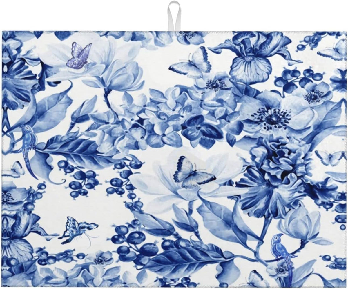 Chinoiserie Blue And White Floral Butterfly Dish Drying Mats For Kitchen Counter Microfiber Absorbent dish Mat Xl Reversible Drying Mats For Countertop 18 Inch X 24 Inch