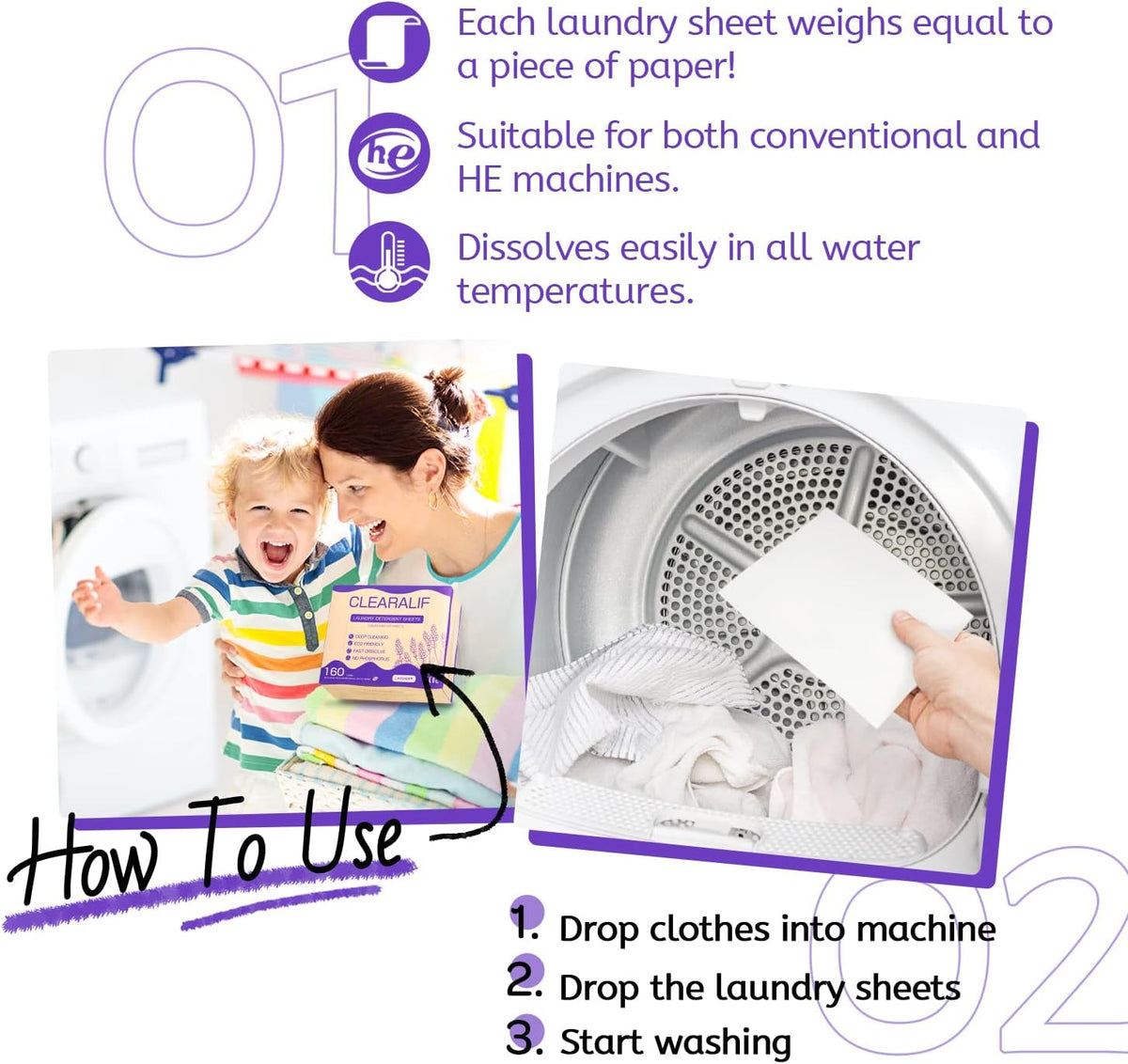 CLEARALIF Laundry Detergent Sheets, Lavender,Up to 480 Loads - Great For Travel,Apartments, Dorms,Laundry Detergent Strips Eco Friendly & Hypoallergenic (Pack of 3)