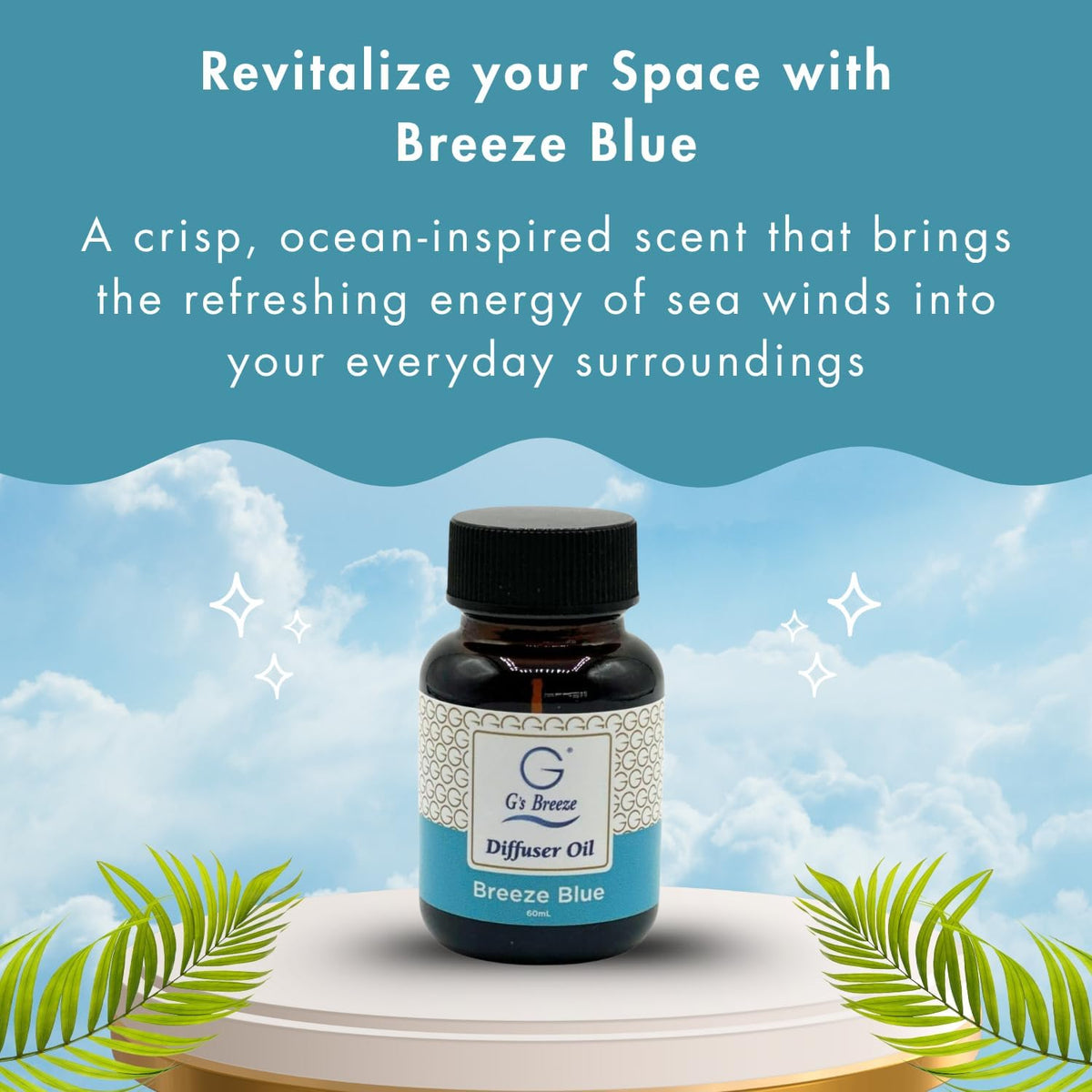 G's Breeze Breeze Blue Diffuser Oil Refill - Ocean Inspired Refreshing Scent, Long-Lasting Aroma - Notes of Sea Air, Soft Citrus & Florals - Instant Fresh Energy - Ideal for Home & Office - 60 ML