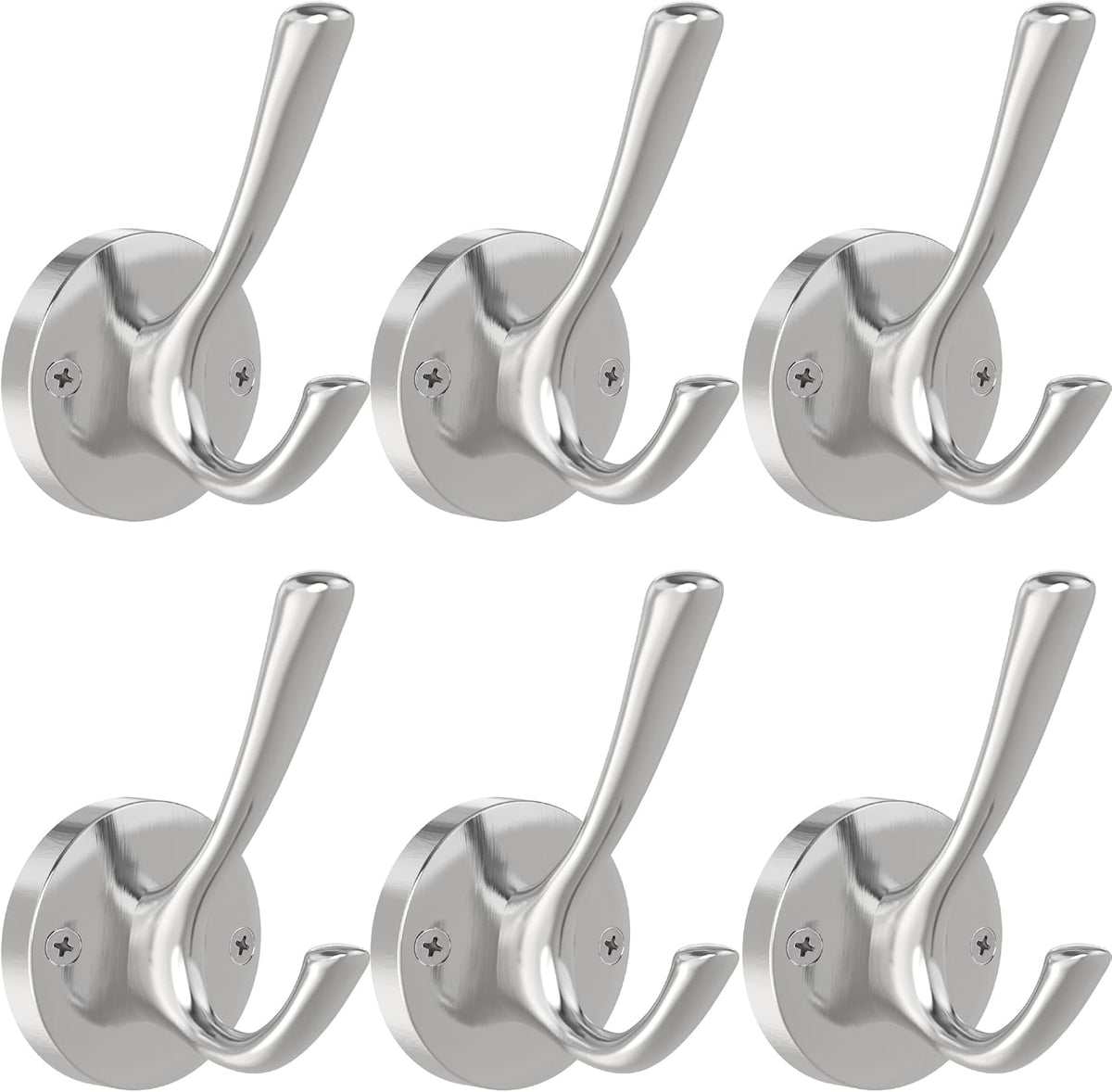 Brushed Nickel Wall Hooks, 6 Pack Coat Robe Hook Heavy Duty Metal Double Bath Hook Wall Mounted, Hand Towel Hooks for Cubicle Bathroom Kitchen Closet Garage