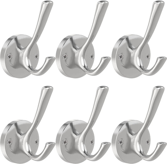 Brushed Nickel Wall Hooks, 6 Pack Coat Robe Hook Heavy Duty Metal Double Bath Hook Wall Mounted, Hand Towel Hooks for Cubicle Bathroom Kitchen Closet Garage