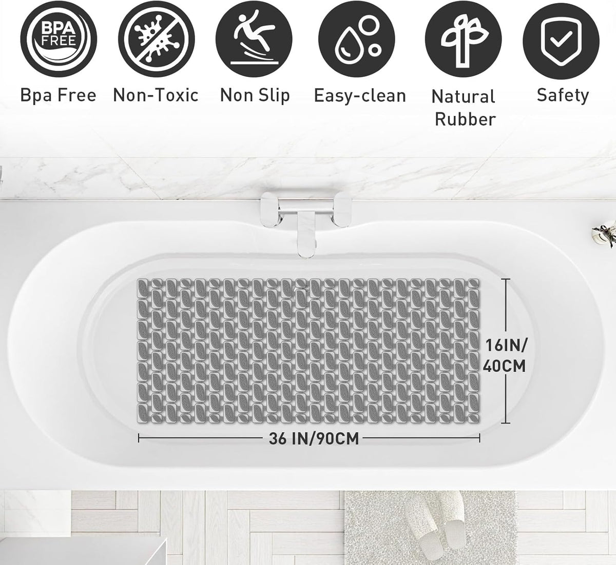 Bath Mat for Tub Non Slip Shower Mat for Elderly - 36 x 16 Inch Soft Durable Bathtub Mat Non Slip Shower Mat for Inside Shower with Suction Cups & Drain Holes, Machine Washable Easy to Cut, Dark Grey