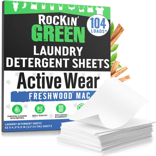 Rockin' Green Active Wear Travel Laundry Detergent Sheets - Mess-Free Laundry Sheet Detergent with Sodium Bicarbonate - Easily Dissolvable Laundry Soap Sheets (104 Loads, Freshwood Mac)