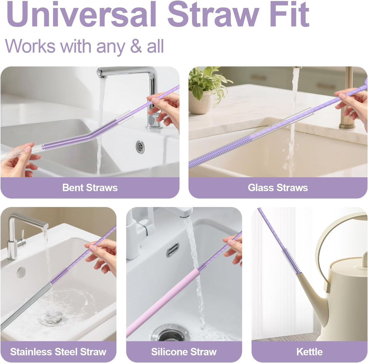 YOTIME Silicone Straw Cleaner Brush, 2 Pcs Reusable Straw Brush(6mm+9mm) for Cleaning Narrow & Wide Straws, Tumblers, Purple