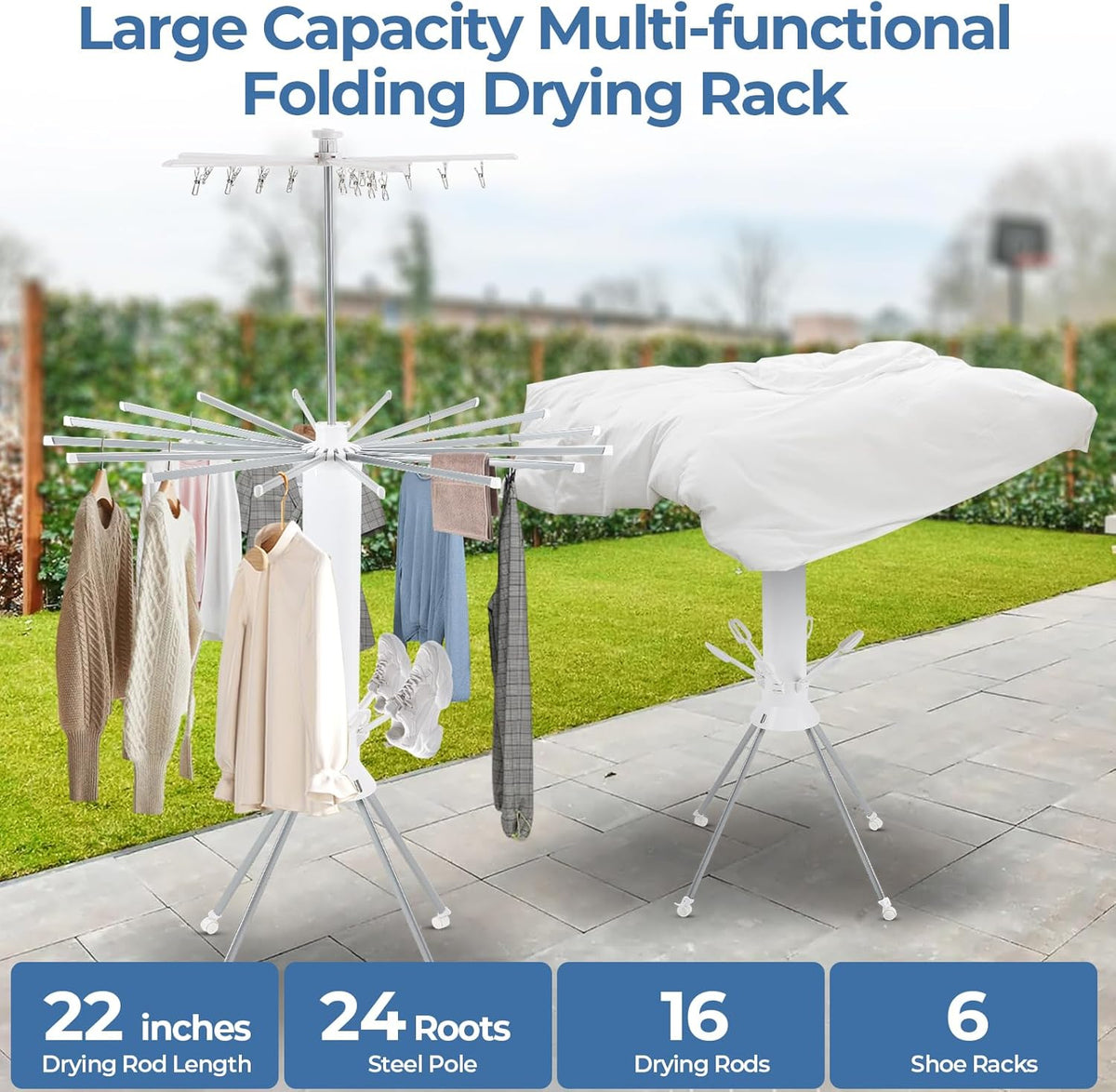 GCCSJ 3 Tier Portable Collapsible 4-Legged Clothes Drying Rack,Foldable Laundry Drying Rack with 4 Pulleys with and Shoe Holders for Indoor Outdoor Space Saving