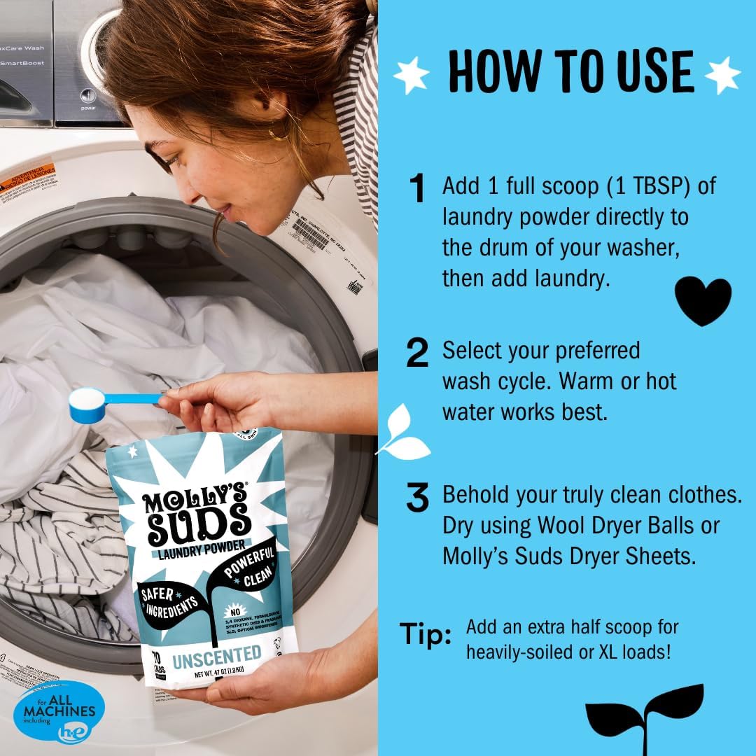 Molly's Suds Original Laundry Detergent Powder | Clean Laundry Detergent Powder for Sensitive Skin | Simple, Effective Ingredients, Stain Fighting | 70 Loads (Peppermint)