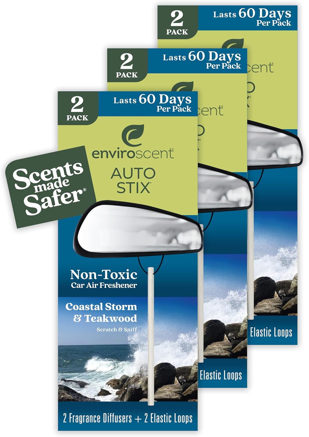 Enviroscent Non-Toxic Car Air Freshener (Coastal Storm & Teakwood) Natural Car Air Freshener | Essential Oil Diffuser | Car Scent Lasting Over 180 Days | 3 Packs of 2 Hanging Auto Stix