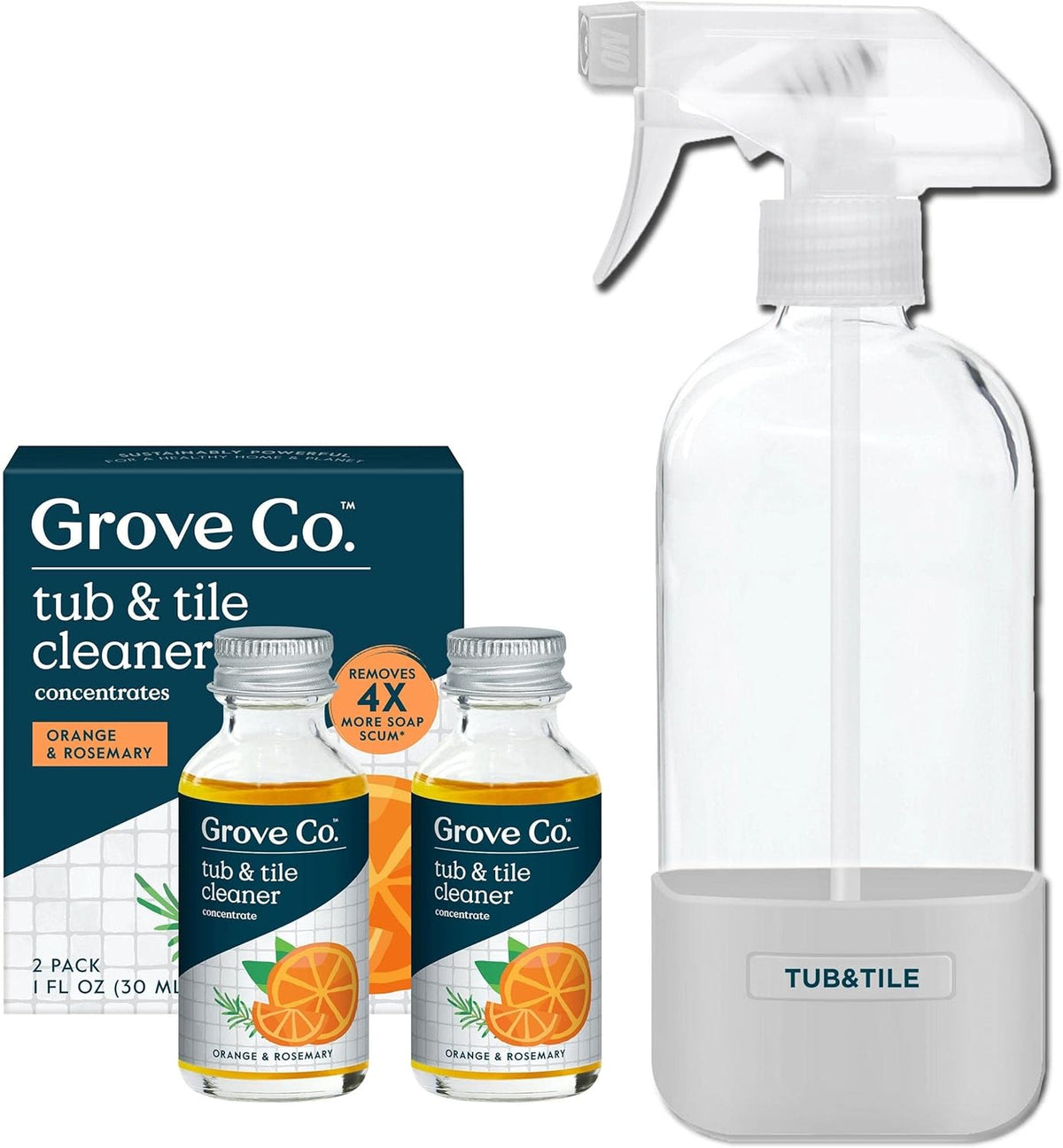 Grove Co. Tub and Tile Cleaner Refill Concentrate (2 x 1 Fl Oz) + 1 x Reusable Glass Spray Bottle (16 Oz) Plant-Based Cleaning Supplies Bundle, No Plastic Waste, 100% Natural Orange & Rosemary Scent