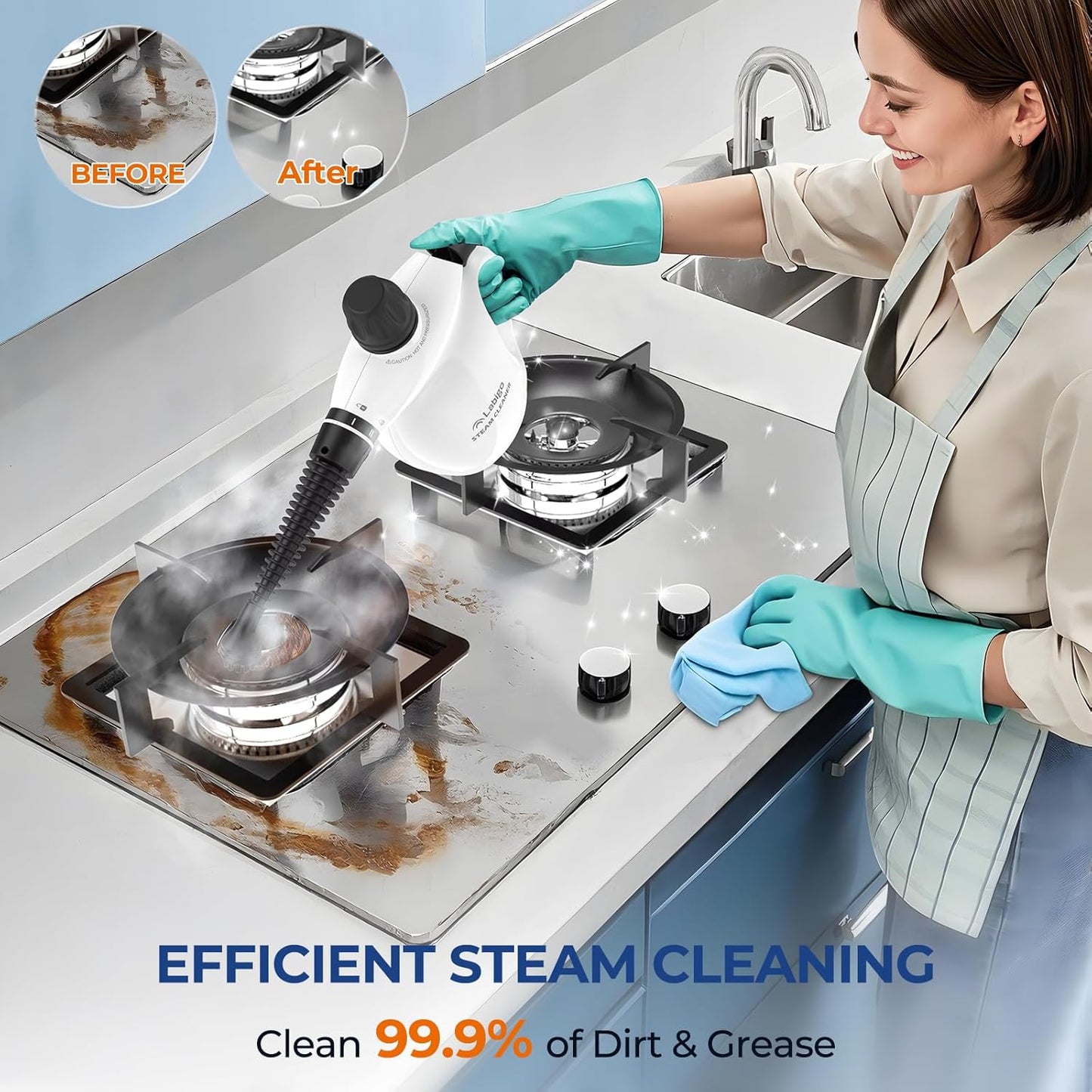 LABIGO Steam Cleaner, Pressurized Handheld 13pcs Multi-Purpose Natural Deep Cleaning Steamer, Portable Steamer for Cleaning Home, Grout, Kitchen, Car, Window, Upholstery, Bathroom and Clothes, White