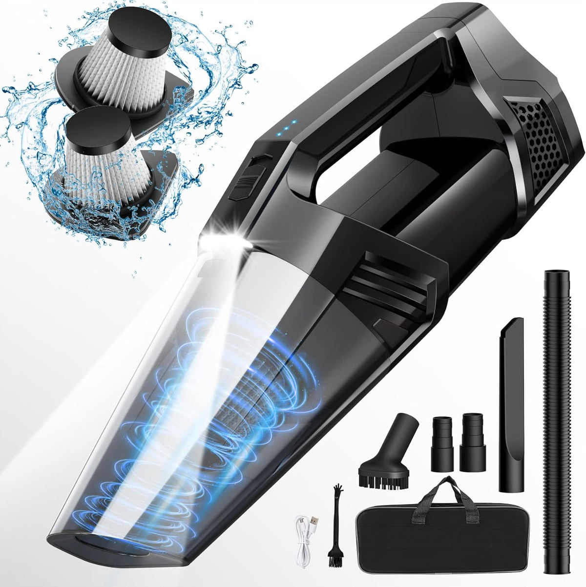 Handheld Vacuum Cordless Portable Car Vacuum with LED Light, High Power Suction, 3 in 1, Lightweight Rechargeable Hand Vacuum, Hand Held Vacuum Cleaner for Car Home Office, Pet Hair, Black