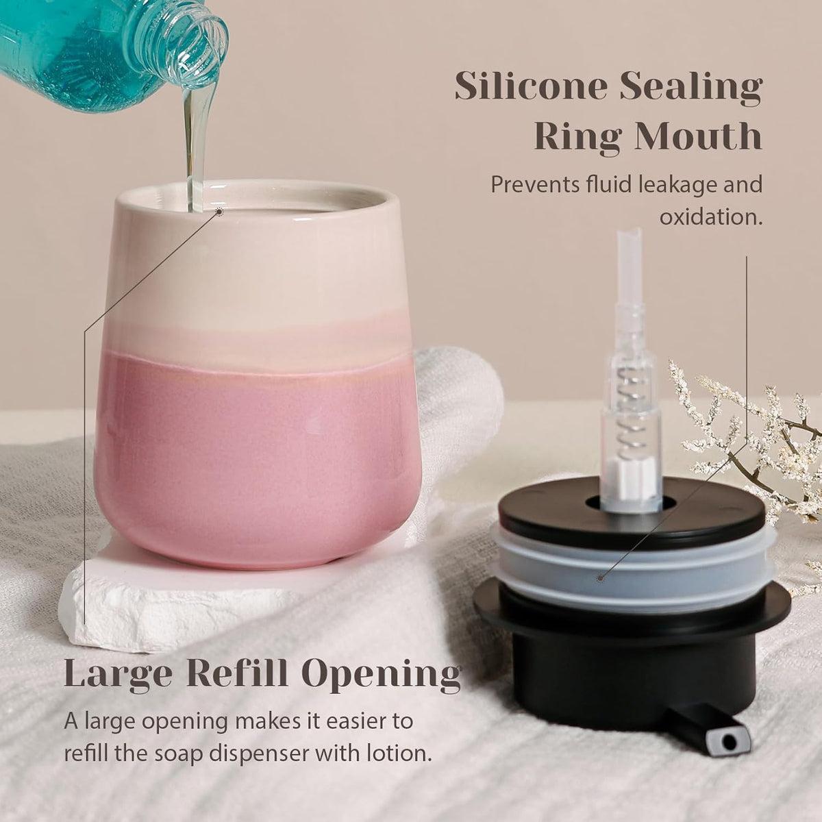 INGOFIN Ceramic Hand Soap Dispenser - 12 oz Liquid Lotion Dispenser Bathroom, Refillable Modern Dish Soap Dispenser with Pump for Kitchen, Beige and Pink