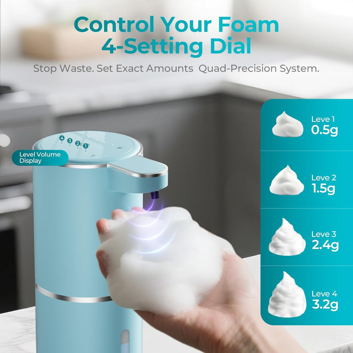 Seafoam Automatic Foaming Soap Dispenser - Touchless Hand Sensor, 4 Foam Settings, USB-C 1200mAh Large Capacity Rechargeable, Modern Design for Bathroom & Kitchen