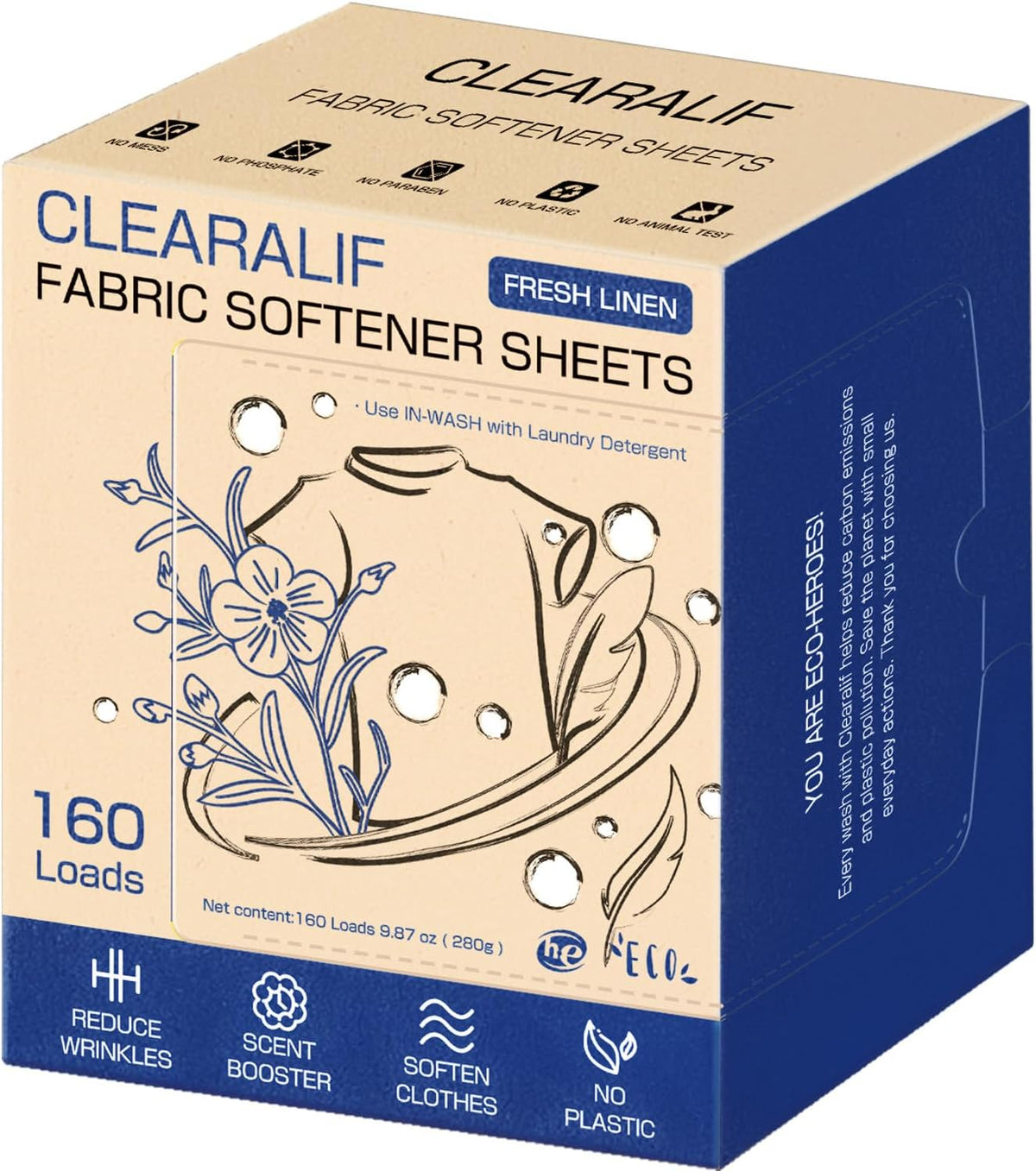CLEARALIF laundry Fabric Softener Sheets, Fresh Linen Scent, 160 Loads, Eco Friendly, Great For Travel, Apartments, Dorms.