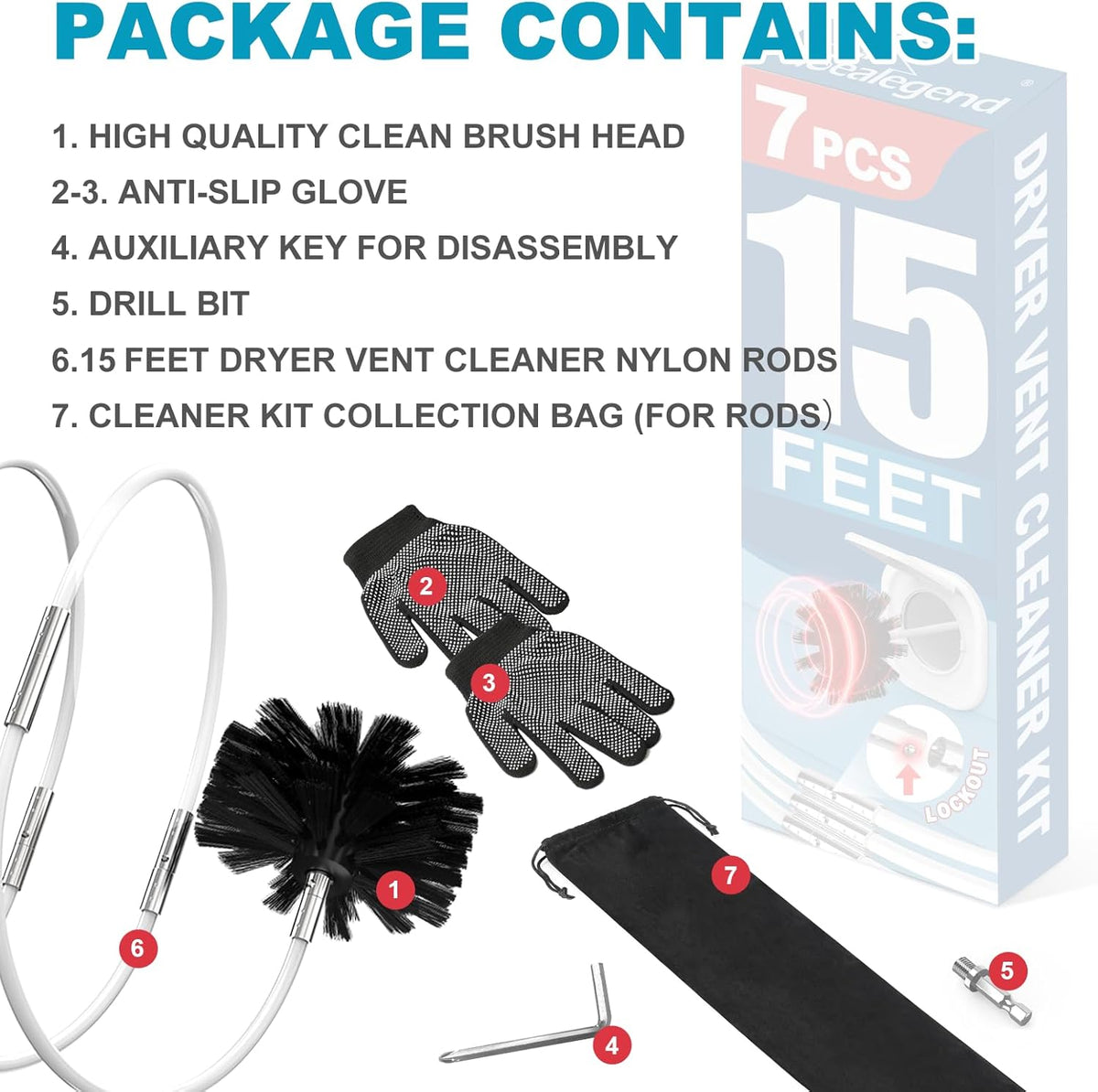 Sealegend 15 Feet Dryer Vent Cleaner Kit/Lint Remover/Upgraded Flexible Quick-Snap Brush with Drill Attachment/Fireplace Chimney Brushes for Easy to Clean/Cleaning Tool Use with or Without Power Drill
