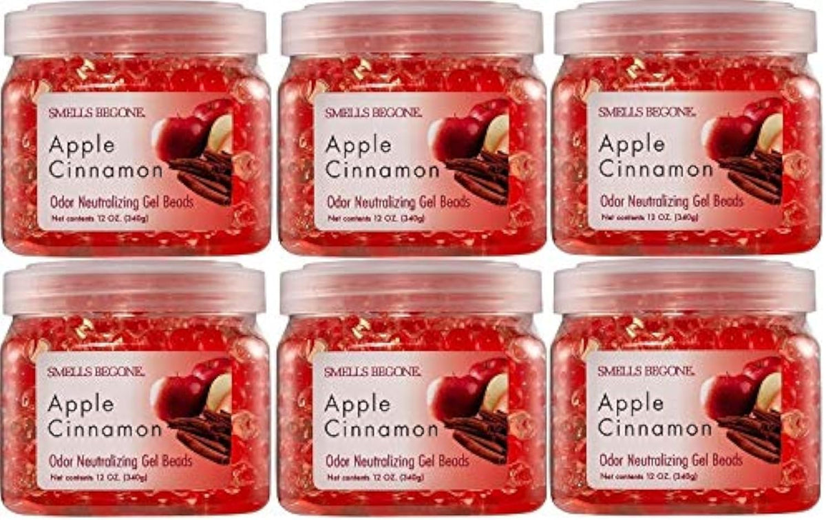 SMELLS BEGONE Odor Eliminator Gel Beads - 12 oz, Pack of 6 - Eliminates Odor in Bathrooms, Cars, Boats, RVs & Pet Areas - Air Freshener - Made with Essential Oils - Apple Cinnamon Scent