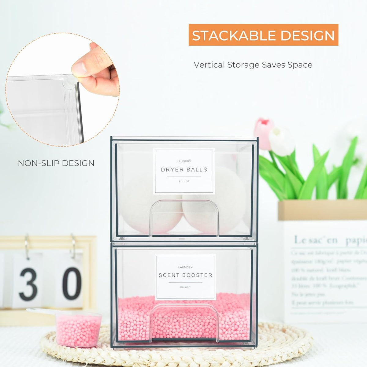 2 Pack Laundry Room Organization Storage Drawers with Labels, Clear Stackable Dryer Sheet Holder and Pod Containers, Detergent Dispenser for Laundry Room Organizing and Decor