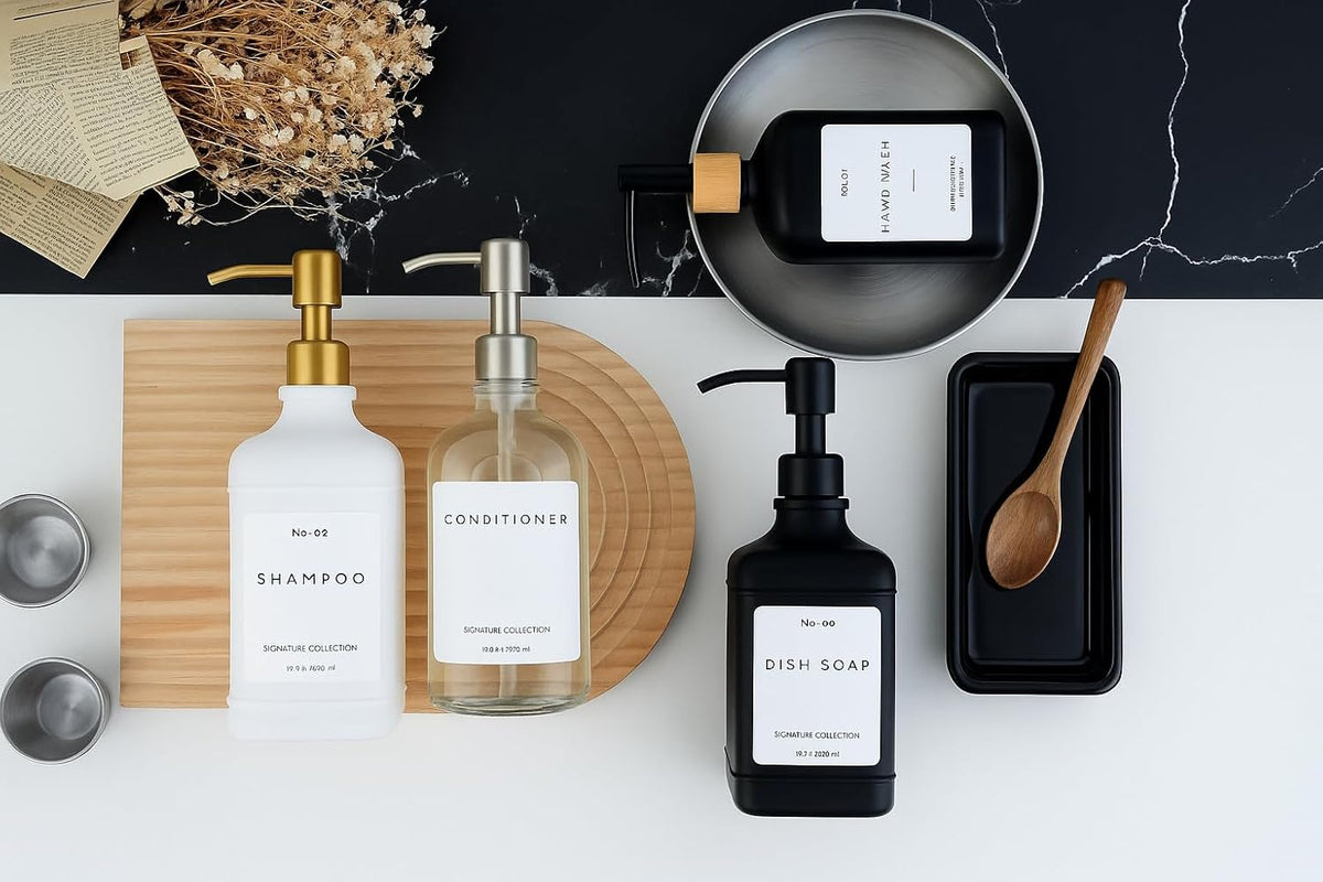 Emerson Essentials Soap Dispenser, Dish Soap Dispenser, Soap Bottle Farmhouse - Hand Soap Dispenser, Kitchen Soap Dispenser Set - Glass Soap Dispenser with Pump and Labels, 16 Oz, 2 Pack