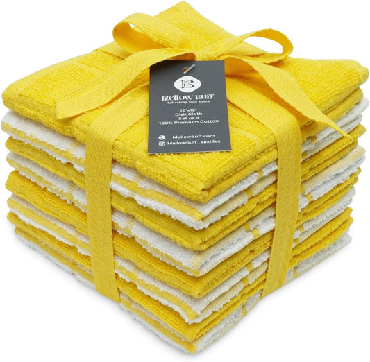 100% Cotton Terry Dish Cloth & Dish Towel, 6 Pack, Super Soft and Absorbent Kitchen Towels, Perfect for Kitchen Cleaning and Dish Washing (Yellow (Solid and Checks) 8 Pack)