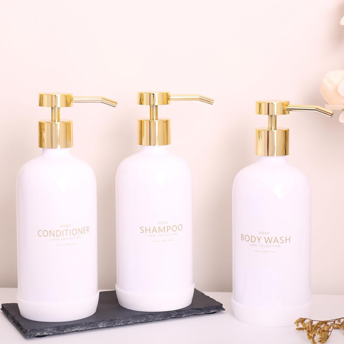 Shampoo and Conditioner Dispenser Set of 3,Refillable 20.5OZ Shampoo Bottles with Non-Slip Protective Silicone Pad,Shower Soap Dispenser with Waterproof Labels for Bathroom (White)