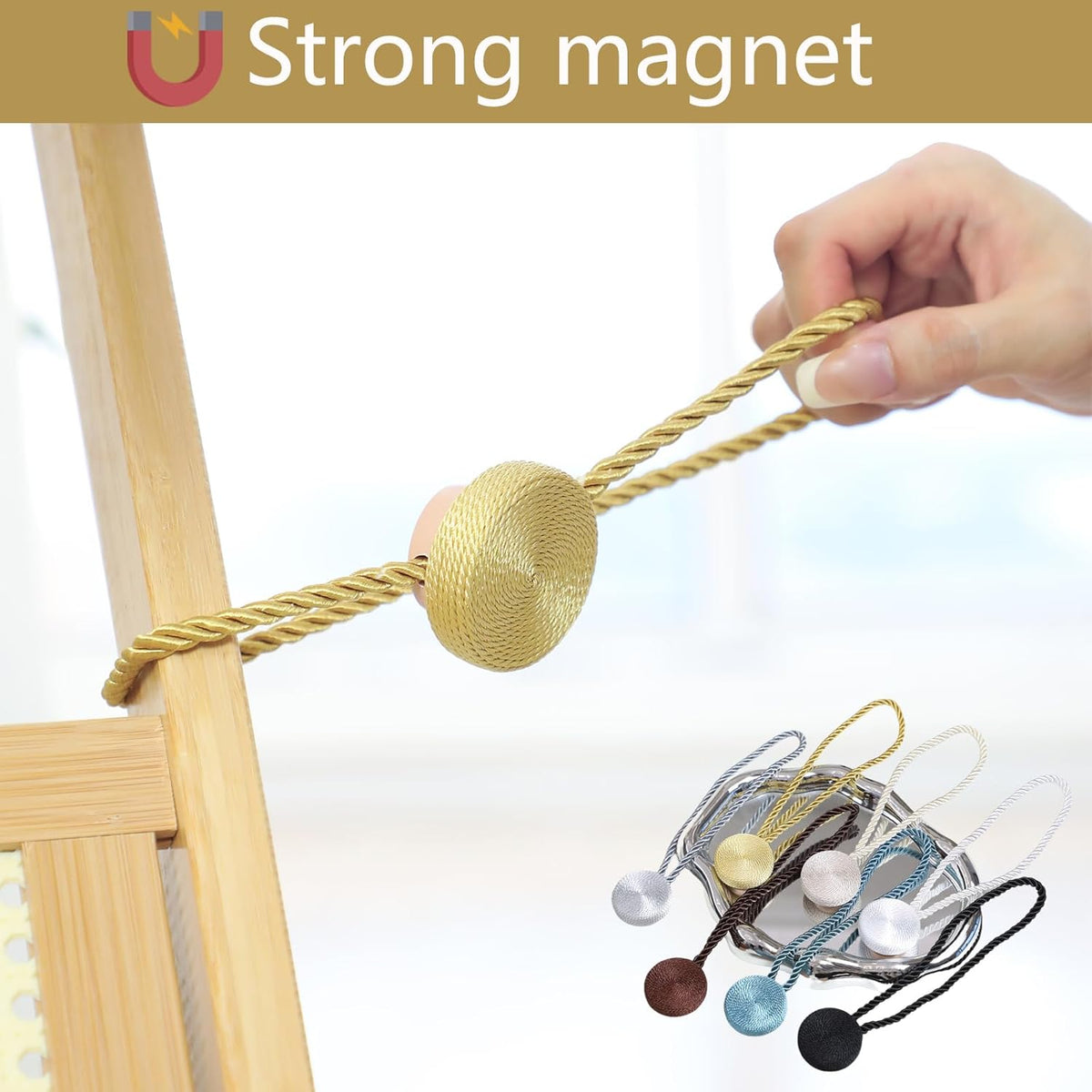 Magnetic Curtain Tiebacks - 12mm Magnetic Tie Backs for Curtains, Heavy Duty No Drill Curtain Holdbacks for Home/Office Windows Drapes, Elegant Gift-Ready Design 7 Colors (4, Gold)