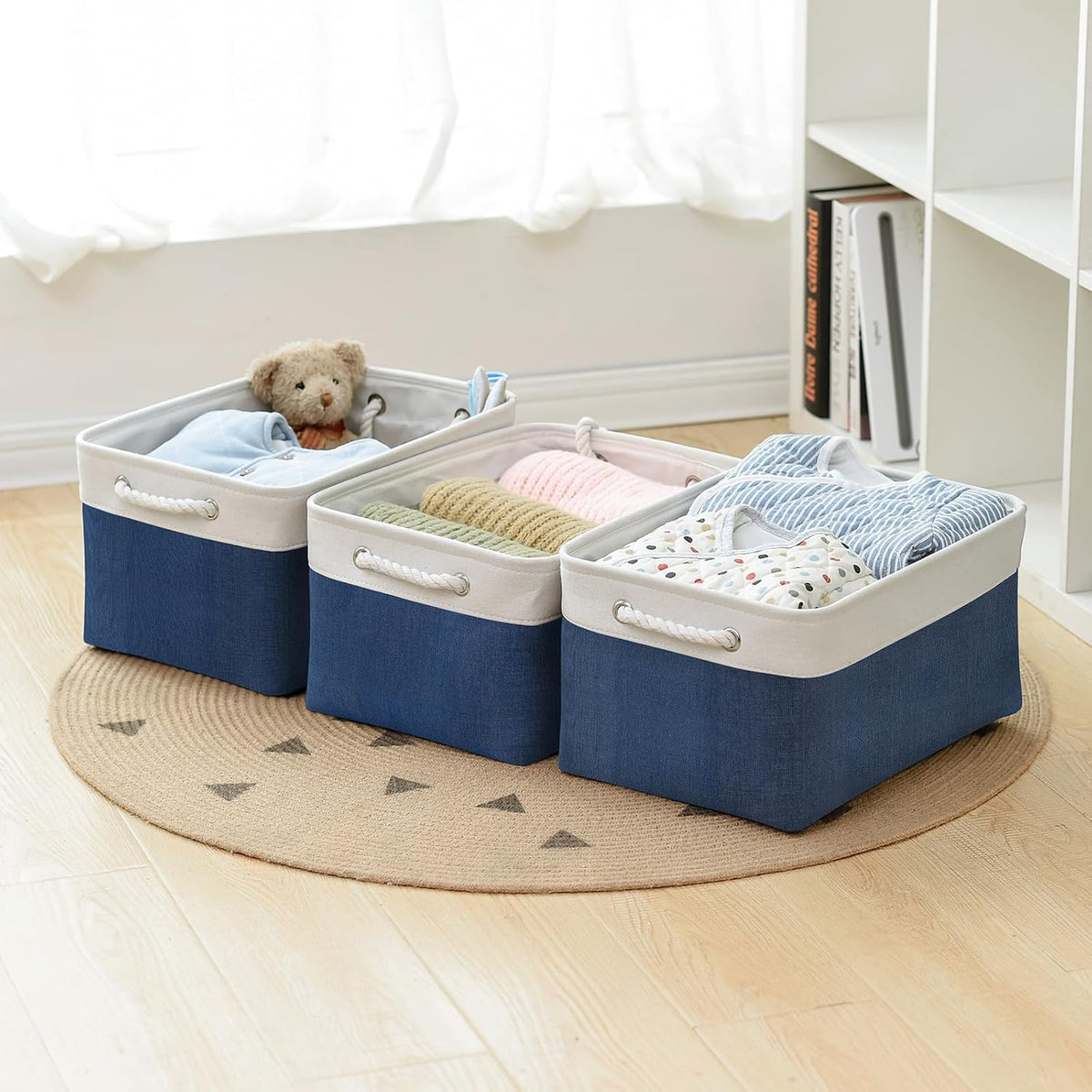 TheWarmHome Collapsible Storage Bin for Shelves - Large 3 Pack 16x12x8 inch Storage Basket for Organizing with Handles, Canves Storage Box for Organizer Toy Closet Cloth Gift (White & Jean Blue)