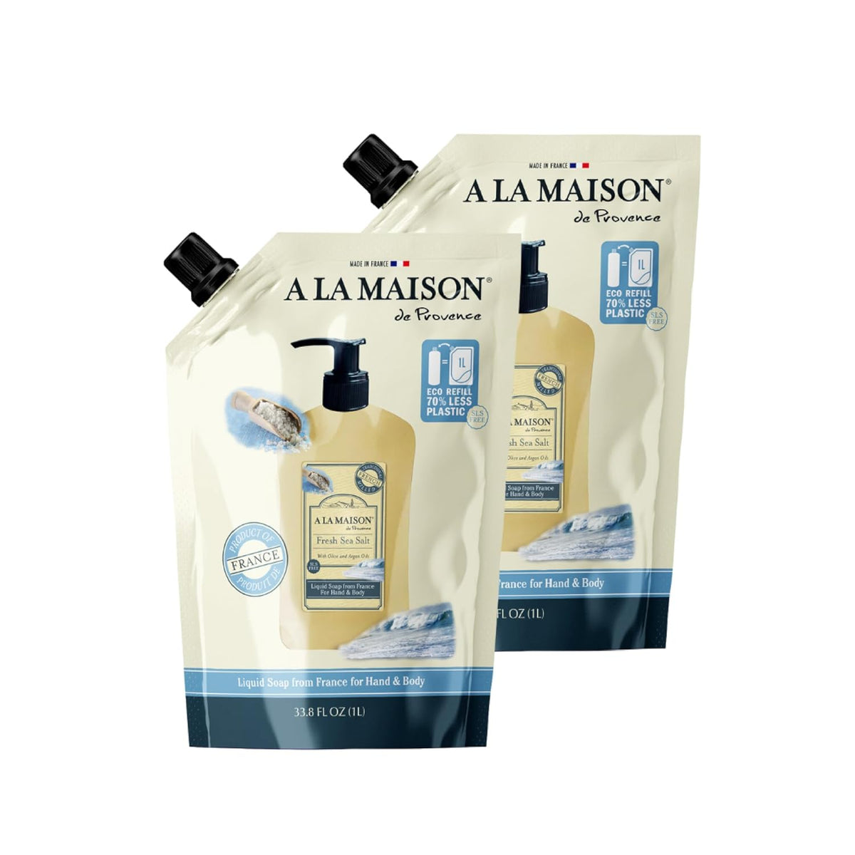 A LA MAISON French Liquid Hand Soap Eco-Friendly Refill Pouch, Fresh Sea Salt - Natural Hand Wash Made with Essential Oils - Biodegradable, Plant-Based, Vegan, Alcohol & Paraben Free (33.8 oz, 2 Pack)