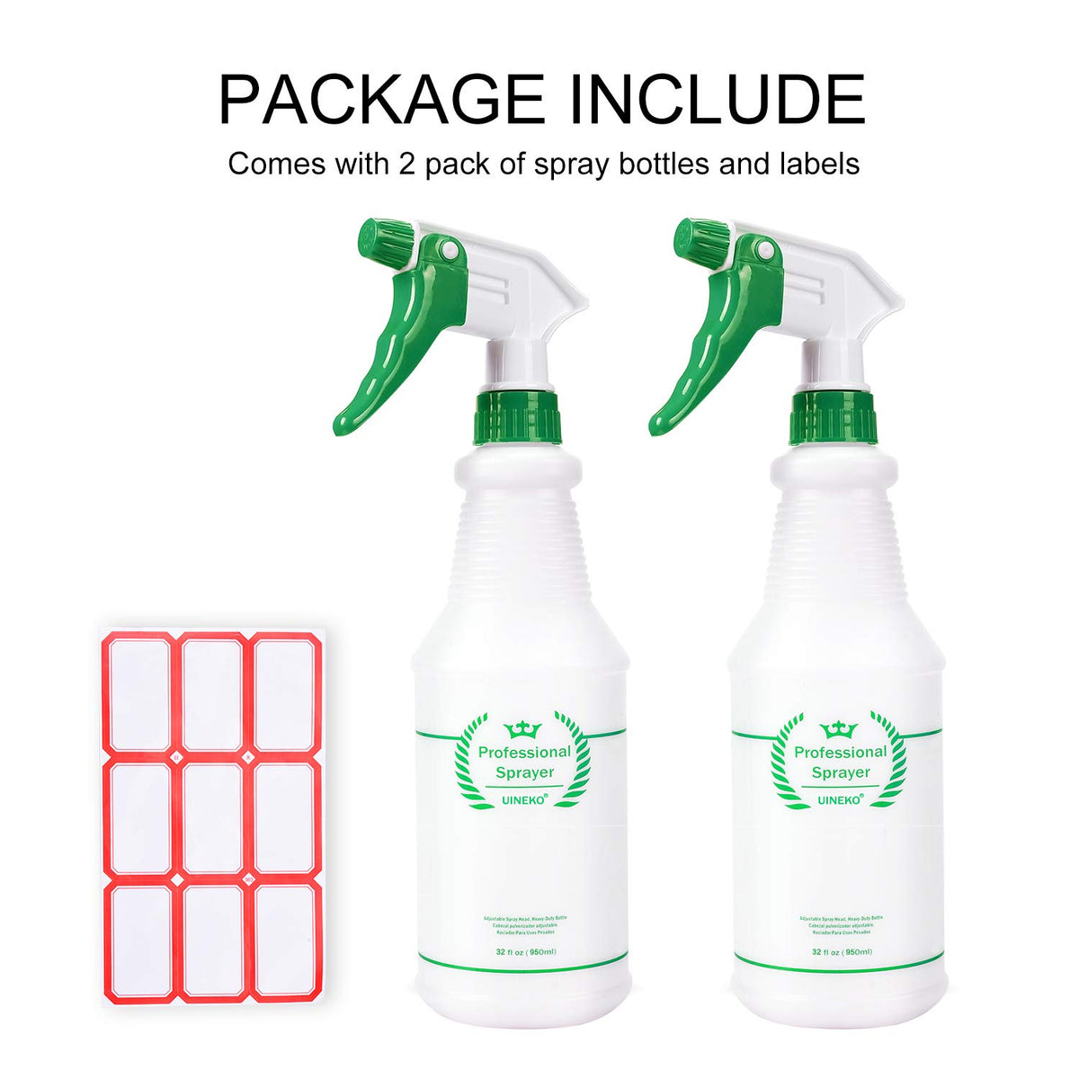 Plastic Spray Bottle 2 Pack, 32 Oz, All-Purpose Heavy Duty Spraying Bottles Leak Proof Mist Empty Water Sprayer for Cleaning Solution, Essential Oils, Hair, Planting with Adjustable Nozzle - Green