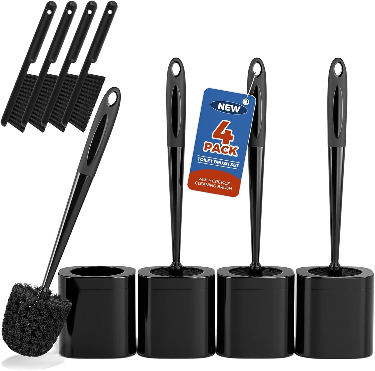 Toilet Brush, 4 Pack Toilet Brush and Holder Set Bathroom Accessories, Toilet Bowl Brush and Holder with 4 Crevice Brush for Bathroom, Toilet Scrubber Brush, Black