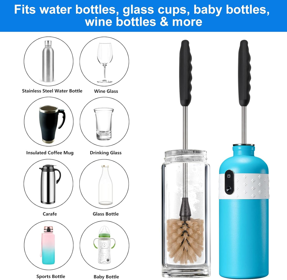 2 Pack Water Bottle Brush, 15-inch Long Handle Cleaning Brush, Kitchen Scrubber, Bottle Brush Cleaner, Suitable for Water Bottles, Cups, Glasses, Baby Bottles, Wine Glasses, Brown