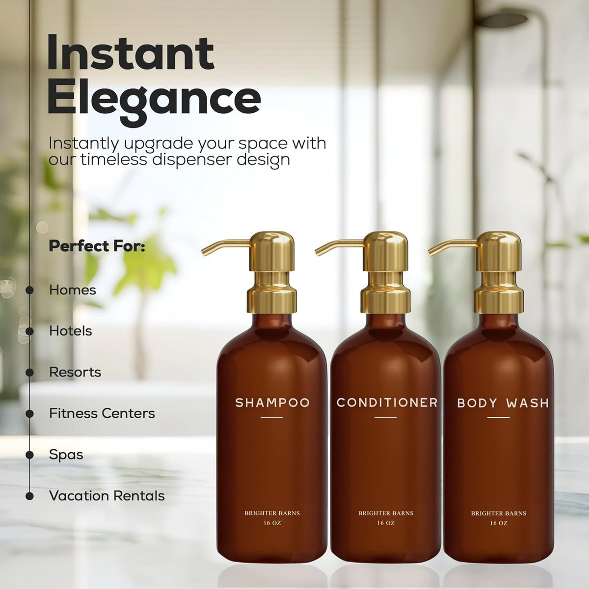 Luxury Shampoo and Conditioner Dispenser Set by Brighter Barns - Empty Shampoo Bottles Refillable with Gold Pump - Plastic Shower Soap Dispenser for Modern Bathroom Decor in Airbnb, Spa (Amber Gold)