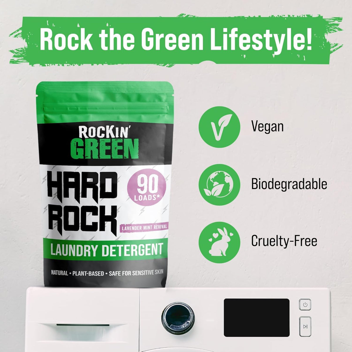 Rockin' Green Hard Rock Laundry Detergent for Hard Water (90 Loads), Plant based, Natural Laundry Detergent Powder, Biodegradable Odor Fighter, Safe for Sensitive Skin, 45 oz (Lavender Mint Revival)