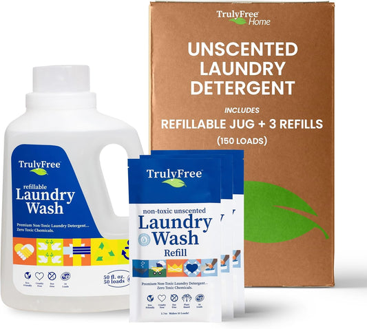 Truly Free Laundry Wash Detergent for Sensitive Skin, Gentle & Safe for Baby Clothes | Plant-Based, Natural Ingredients | Unscented | Include 1 Refillable Bottle (150 Loads)
