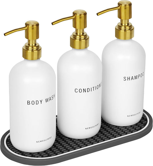 Glass Shampoo and Conditioner Dispenser-Shampoo Dispenser for Shower-16.9 fl oz Set of 3 Refillable Glass Bottles with Pump and Labels-Shower Soap Dispenser for Bathroom(White)