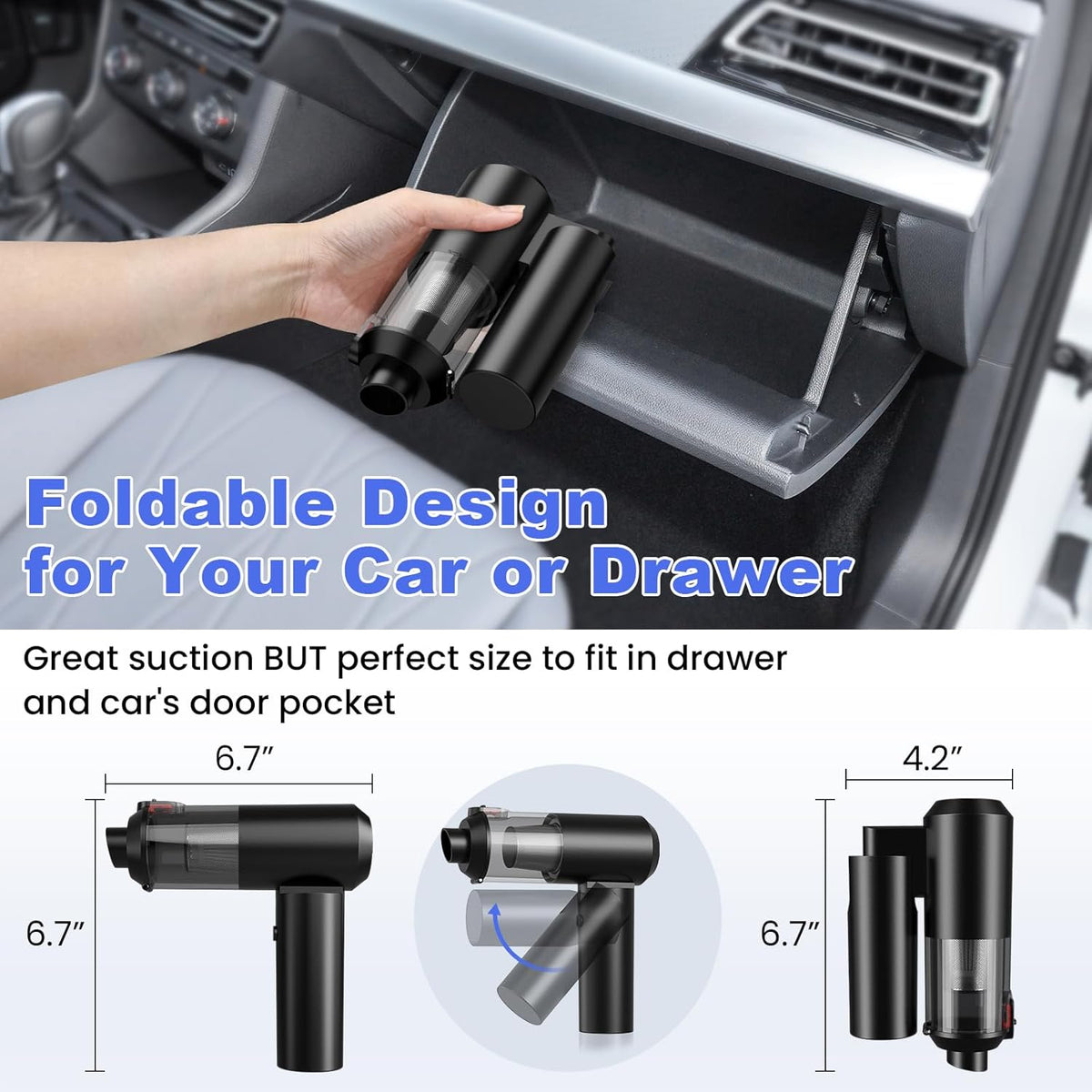 Car Vacuum Portable Cordless with 16000PA Ultra Suction 4-in-1 Foldable Air Duster & Brushless Motor Rechargeable Handheld Vacuum for Pet Hair, Car Seats, Home & Office Cleaning