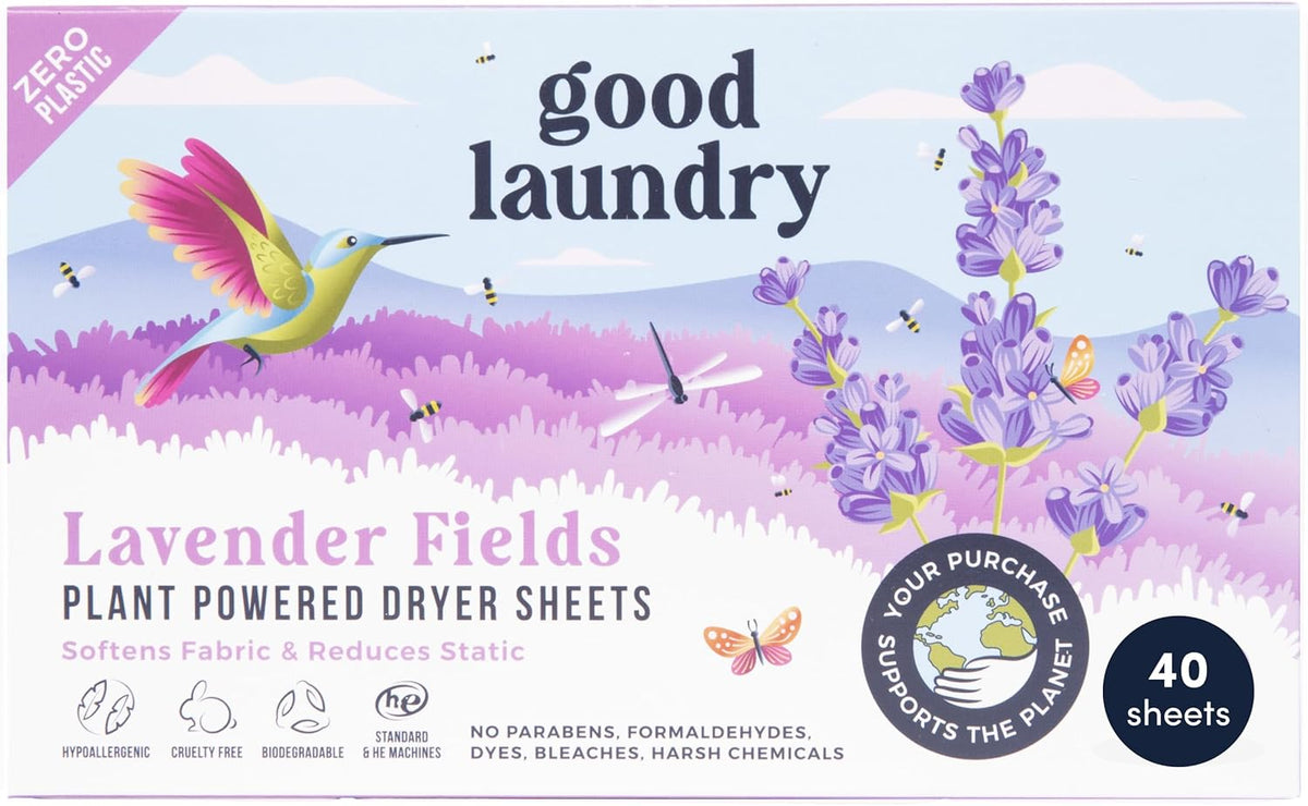 Good Laundry - Lavender Breeze Scented Organic Laundry Dryer Sheets - Natural Non toxic dryer sheets infused with Essential Oils - No Harsh Chemicals, Biodegradable, Hypoallergenic - USA Based