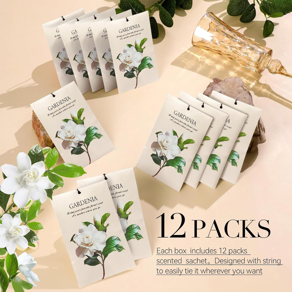 Gardenia Scented Sachet Bags - 12 Pack Closet Freshener Odor Eliminator, Long Lasting Home Fragrance for Drawers, Wardrobes & Cars, House Smell Good Products, Air Freshener for Closet