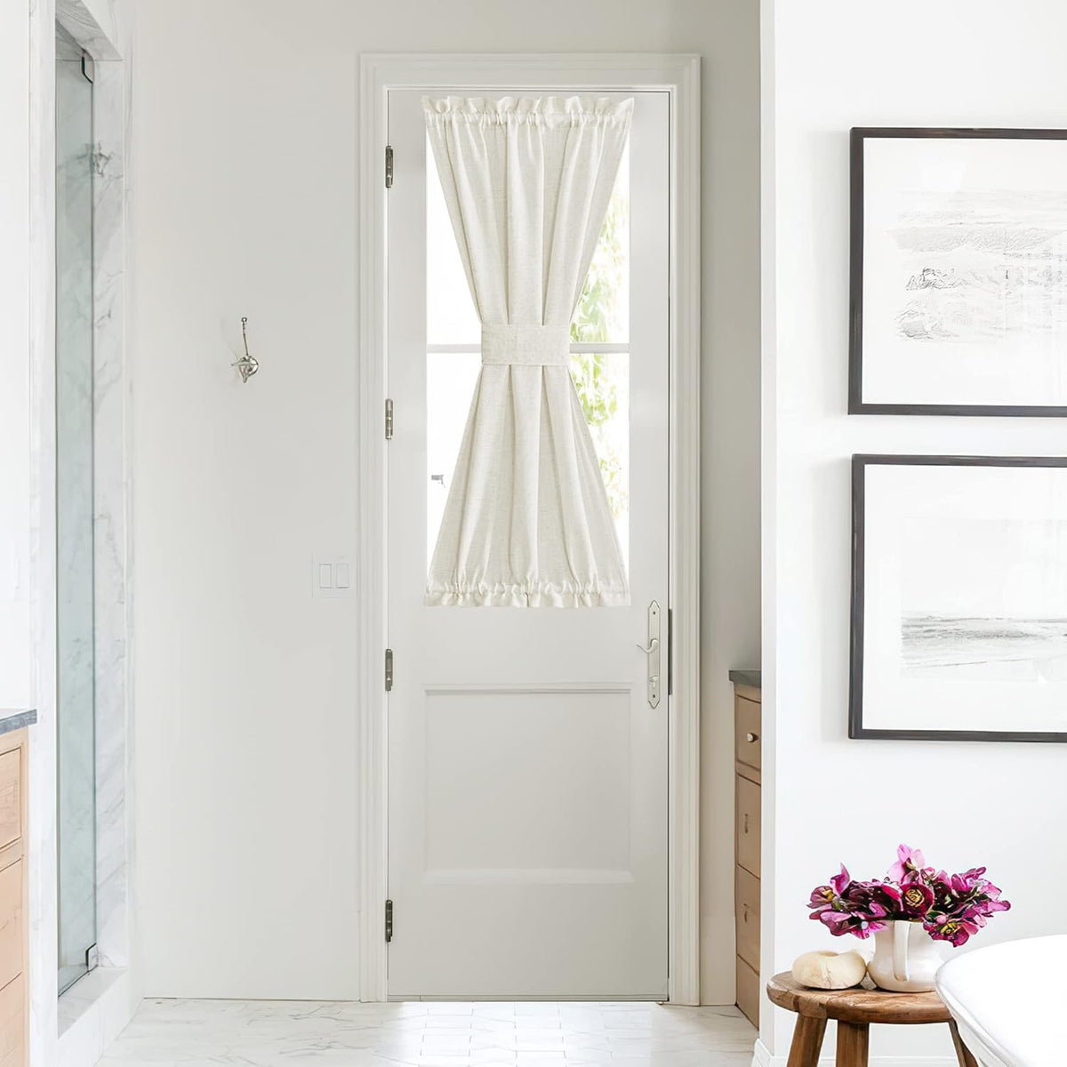 NICETOWN Front Door Curtain - Soft Beige Linen Weave Pattern Door Shade for Windows Light Filtering Rod Pocket French Window Cover for Entryway/Garage with Tieback, 1 Panel, 26" W x 40" L