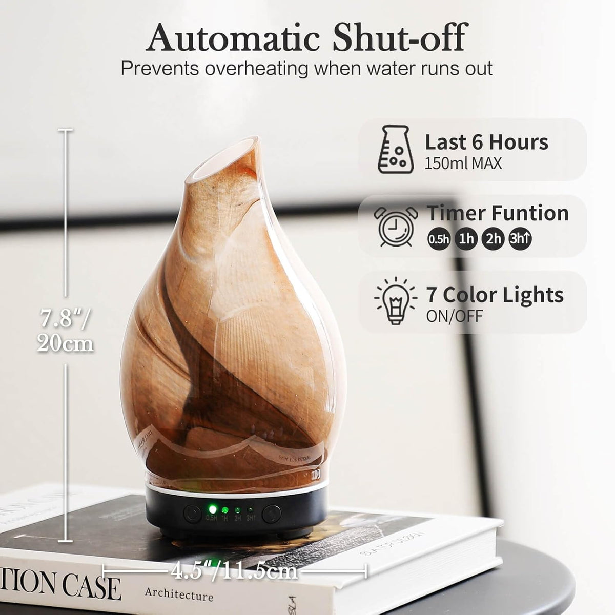 Porseme 150ml Essential Oil Diffuser Glass Color Changing Aroma Air Diffusers Aromatherapy Ultrasonic Cool Mist Humidifier 6 Running Hours Waterless Auto-Off for Sleeping Yoga Office Spa (mini Desert)