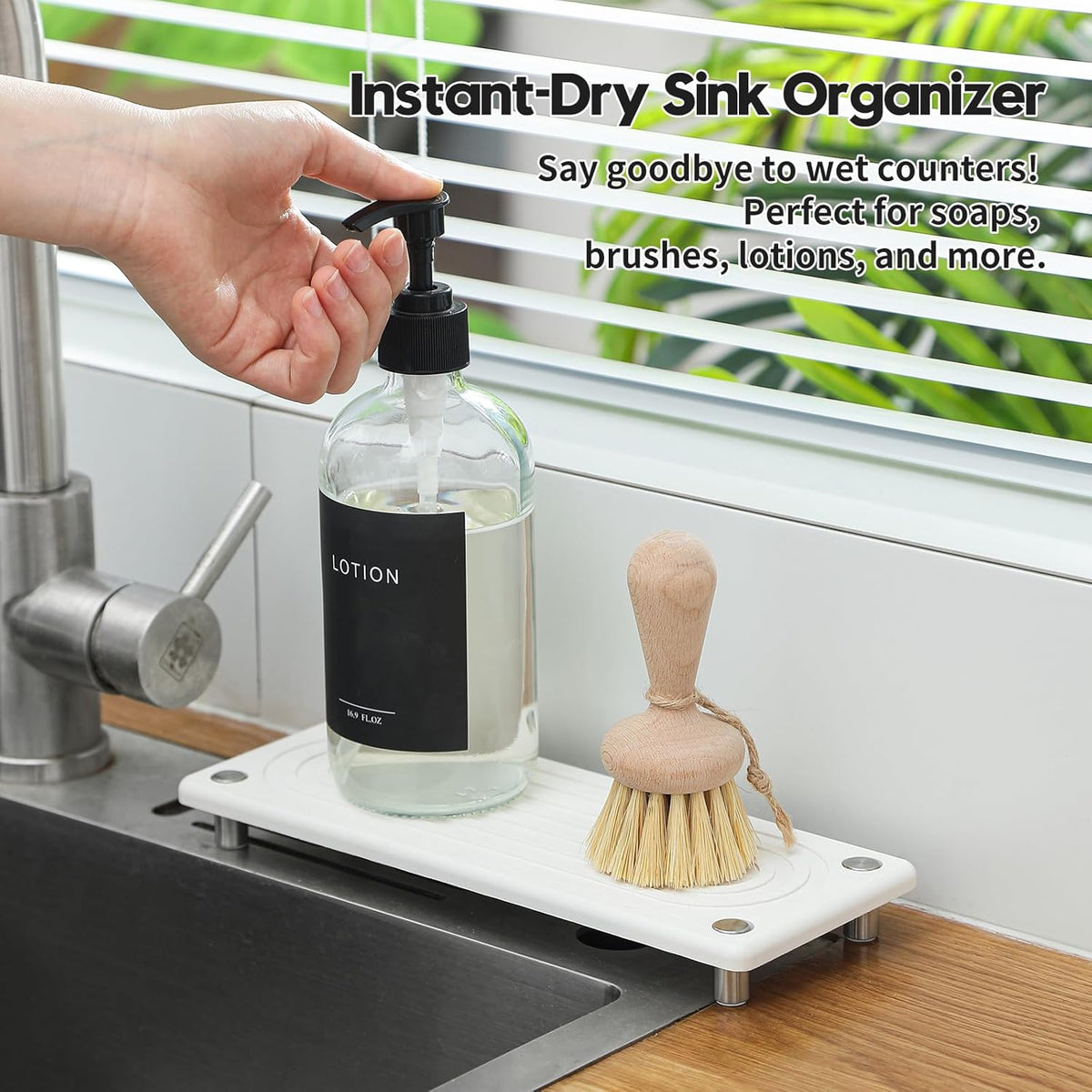 Water Absorbing Stone Sink Caddy, Diatomite Kitchen Sink Organizer, Bathroom Counter Tray, Faucet Drying Mat Coaster Soap Dish Rack Riser Dispenser Sponge Holder, Silver, White 10" x 4"